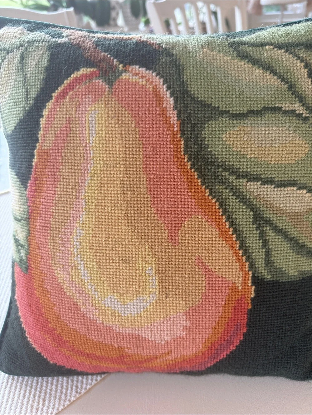 Hand-Needlepoint Pear Pillow in Green, Pink & Yellow inperial elegance